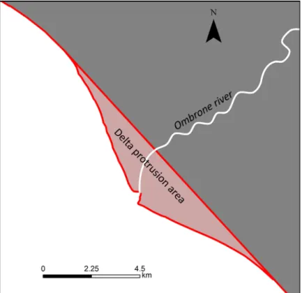 Figure 2: Schematic delimitation of the delta protrusion, using the example of the Ombrone