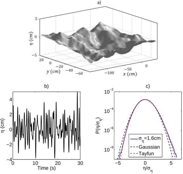 FIG. 3. (a) Snapshot of the 3D reconstruction of the free surface elevation η(x, y, t)