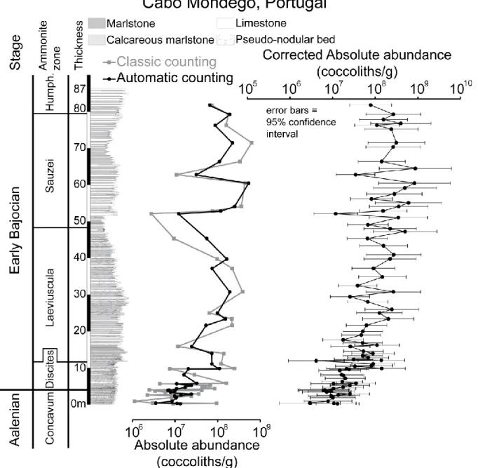 Figure  2:  Stratigraphic  variations  of  absolute  abundance  calculated  based  on  automatic  counting  (black  circles)  and  classic  counting  (gray  squares)  at  Cabo  Mondego