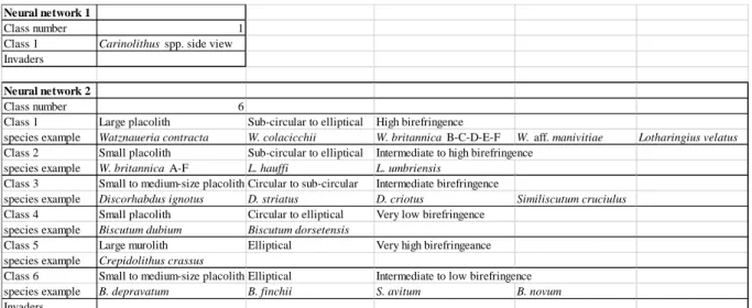 Table  1:  Description  of  the  neural  networks  and  associated  classes.  Each  class  has  been  selected  based  on  size,  shape  and  birefringence  of  coccoliths