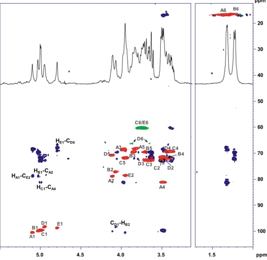 Fig. 3. Overlapped sections of 1 H 13 C HMBC (blue) and 1 H \\ 13 C HSQC (red and green) NMR of PS2