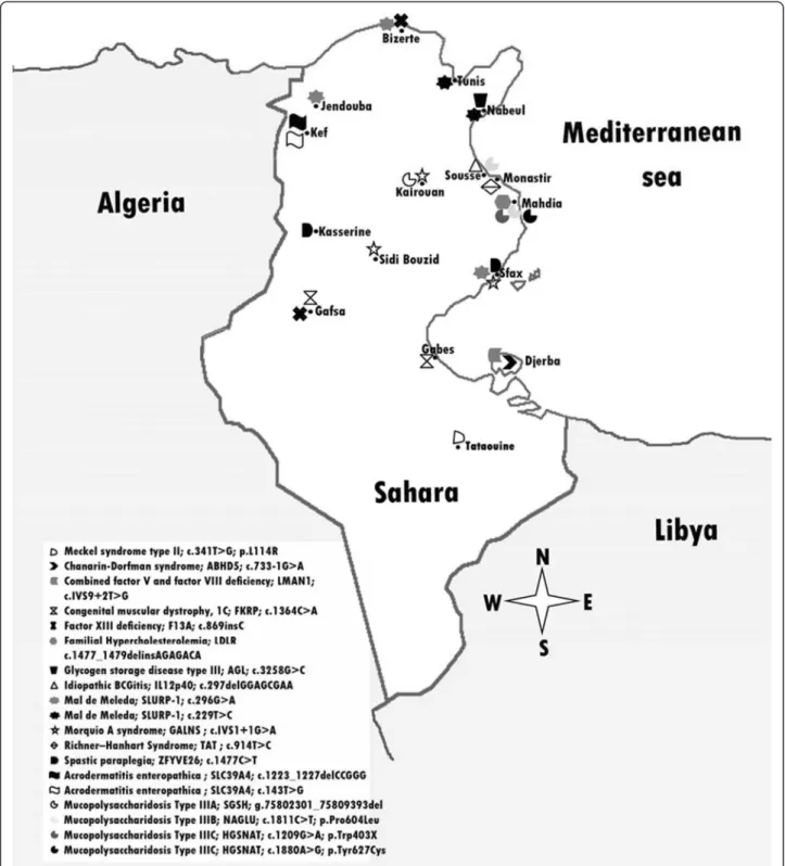 Figure 2 Geographic distribution of Tunisian specific founder mutations.
