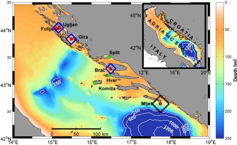 Fig 1. Adriatic Sea bathymetry with locations of the ABFT catch (island of Mljet) and fish cages (near islands of Ugljan (44˚2’27.00’’N, 15˚