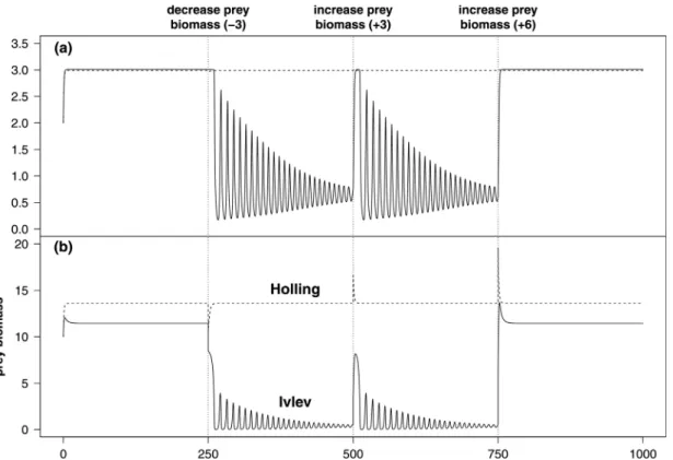 Fig. 7. Model predictions with disturbances as prey biomass alterations for both functional responses