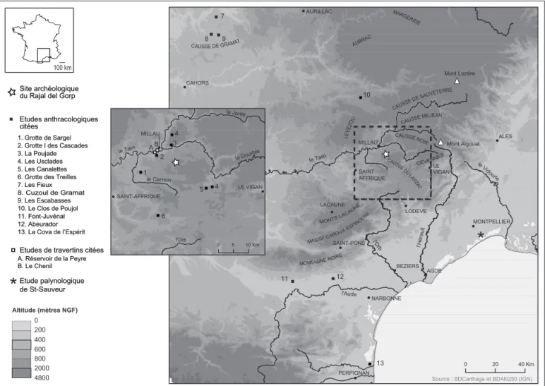 Fig. 1 : Carte de localisation des principaux sites mentionnés dans le texte. Point noir: ville; triangle: sommet; ligne: rivière.