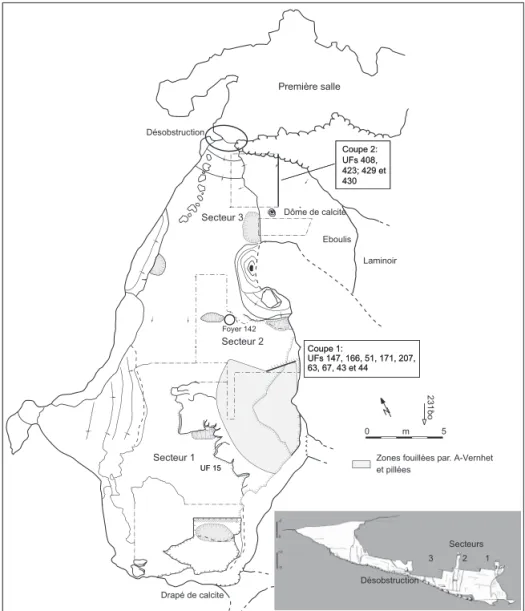 Fig. 3 : Plan de la grotte du Rajal del Gorp avec la localisation des coupes 1 et 2.