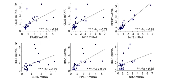 Fig. 4  Influence of Nrf2, PPARγ and HO-1 mRNA levels on clinical parameters in PAM. Correlations between Nrf2 or PPARγmRNA levels were related  to peripheral (a) and placental parasitaemia (b)