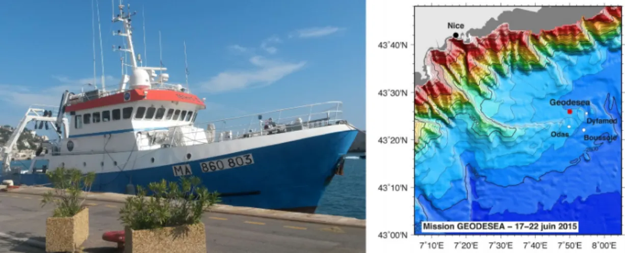 Figure  2  :  Navire  océanographique  du  CNRS/INSU  Téthys  II  et  site  de  déploiement  de  la  mission  GEODESEA, à proximité de mouillages permanents DYFAMED, Boussole (Obs