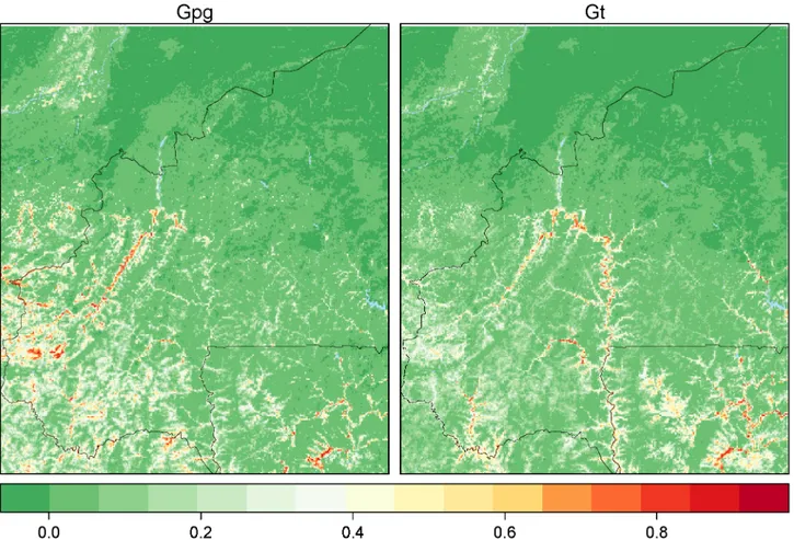 Fig 2. Mean predicted habitat suitability index for both species. The index varies between 0 (less suitable, green scale) and 1 (highly suitable, red scale).