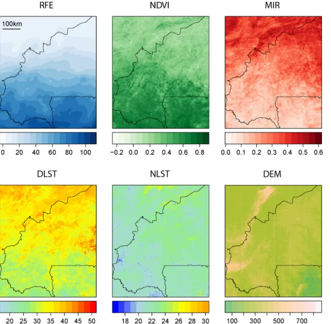 Fig 1. Remote sensing data from which environmental data was built. RFE (precipitation), NDVI (vegetation), MIR (vegetation), DLST (thermal), NLST (thermal) are time series of monthly raster grids from Jan