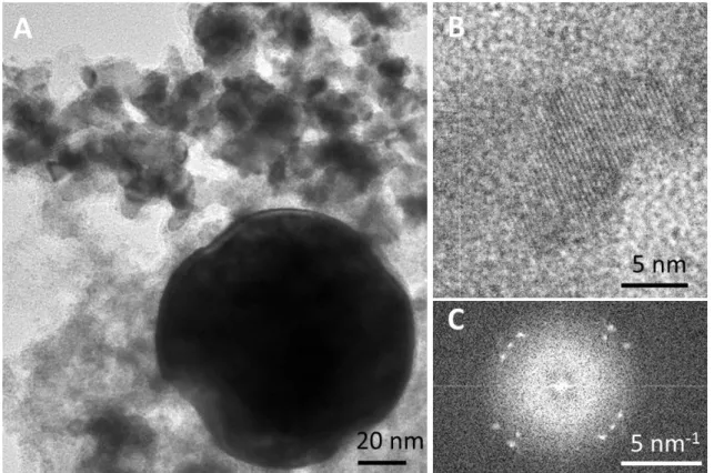 Fig. 6: High resolution TEM images show the heterogeneous composition of the Wl NPs batch  (A), with some crystalline structures appearing (B) in a mostly amorphous particle  aggregation