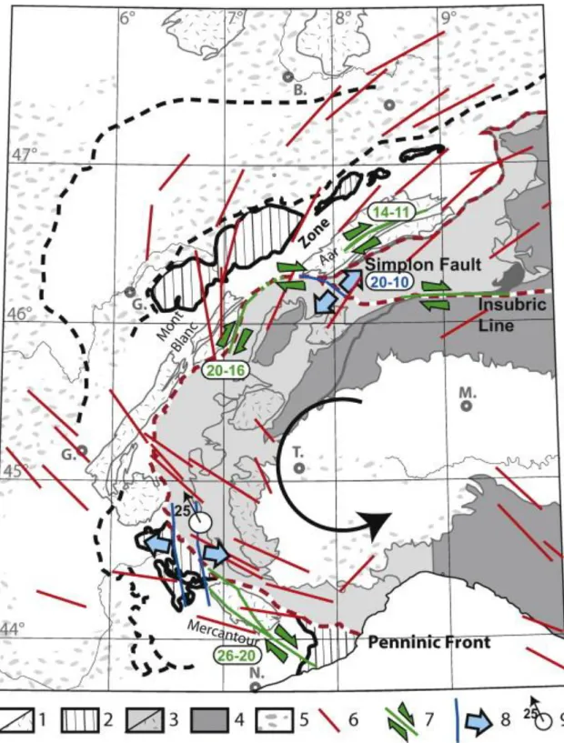 Fig. 1. : Post-collisional crustal and upper mantle strain field of Western Alps with polarities and ages of ductile crustal deformation  (references below), and direction of upper mantle deformation inferred seismic anisotropies (Barruol et al., 2011)