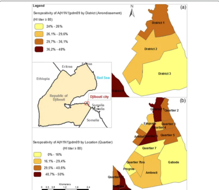 Figure 4 Map showing the geographical location of the study area, the Djibouti city within the republic of Djibouti and the prevalence of A(H1N1)pdm09 in administrative Districts (a) and locations (b) and as determined by a titre of ≥ 80.