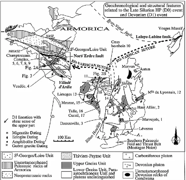 Figure 1. Simplified structural map of the Massif Armoricain and Massif Central with  emphasis on the pre-Carboniferous events