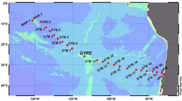 Fig. 1. Station names and locations of the BIOSOPE cruise transect in the South East Pacific Ocean (October–December 2004)