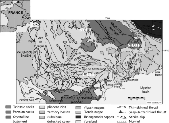 Figure 1. Tectonical setting of the TGRS network in the French Maritime Alps. In this region the network is composed of three stations: CALF, STET and SAOF