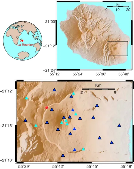 Figure 1. Maps of the PdF volcano on the La Réunion Island in the Indian Ocean. The blue and cyan triangles indicate the broadband and short-period seismic stations, respectively, used to measure the seismic velocity change from June 2009 to December 2014