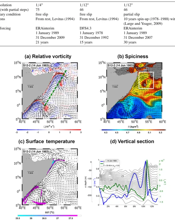 Figure 2. Top panels: snapshot (on 14 June 1984 from the 1/12 ◦ S12-2 experiment) of surface currents (vectors; m s −1 ) superimposed on (a) the relative vorticity (ζ ; colour shading; s −1 ) at depth 50 m; (b) the spiciness on σ 0 = 23.8 (5; colour shadin