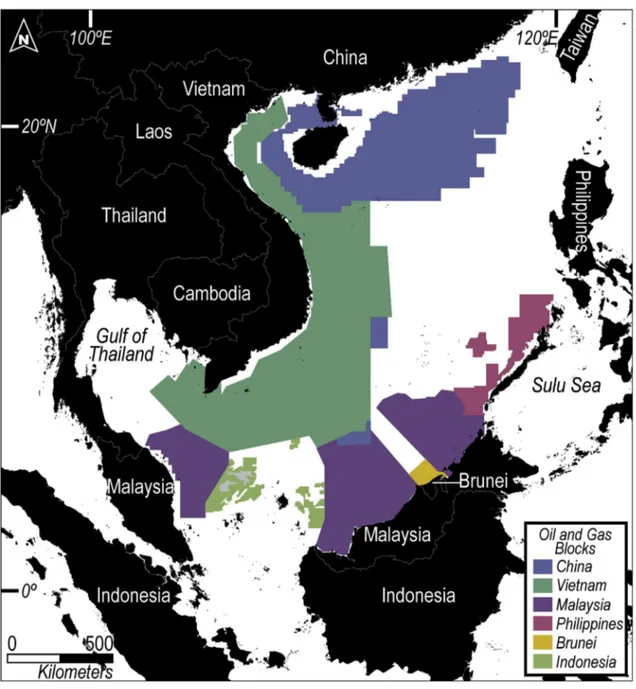 Fig. 3. Map showing the distribution of gas and oil ﬁelds in the South China Sea. Oil and gas blocks in the South China Sea that are currently licensed by the surrounding Southeast Asian claimants are shown in color-coded geometries (Data source: Asia Mari