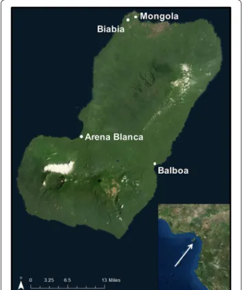 Fig. 1  Map of Bioko Island. Mosquito surveillance was conducted in  villages of Mongola, Arena Blanca, Biabia and Balboa on Bioko Island,  Equatorial Guinea