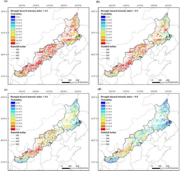 Figure 8. Probability distribution of spring maize drought hazard intensity index for different hazard levels
