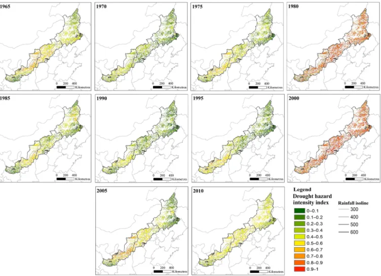 Figure 5. The spatial distribution of spring maize drought hazard intensity index in time series.