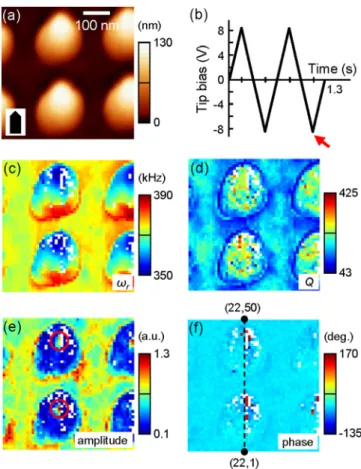 FIG. 2. Spatial maps of the BE-PFM (a) resonance frequency, (b) amplitude, (c) phase, and (d) quality factor