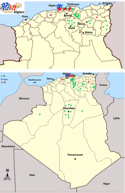 Fig 1. Geographic origin of Leishmania isolates and strains used in the study. Parasites were sampled from dogs (CanL) or from human individuals with visceral (VL) or cutaneous leishmaniases (CL)