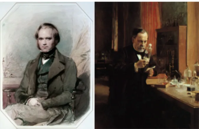 Fig 1. Charles Darwin the naturalist and Louis Pasteur the microbiologist. Charles Darwin’s painting is from George Richmond in the late 1830s after his return from his voyage on HMS Beagle, and the painting of Louis Pasteur in his laboratory is from Alber