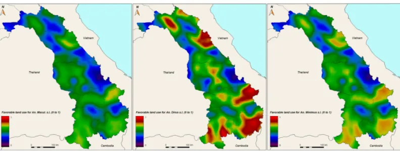 Fig 7. Probability of presence of An. maculatus s.l. (left panel), An. dirus s.l. (middle panel), and An