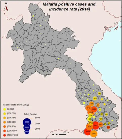 Fig 1. Malaria positive cases and incidence rate, 2014 (from CMPE Malaria Information System).