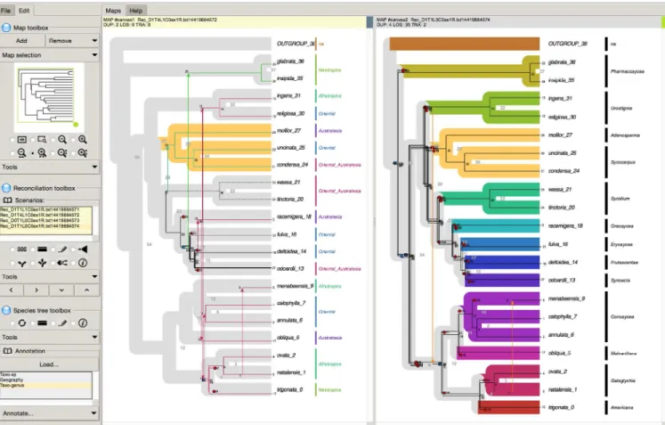 Figure 1. Screenshot of a SylvX session. The left side of the interface gathers the Map toolbox, the Reconciliation(s) toolbox and the Species tree toolbox