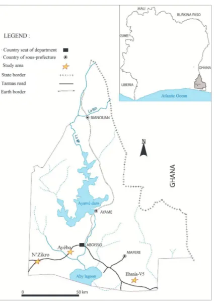 Figure 1: Map of study areas in Aboisso department located in southeastern Cˆote d’Ivoire