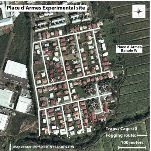 Figure 1. Route of space spraying and individual houses where traps and cages were placed