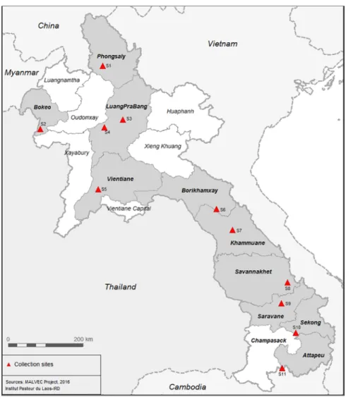 Fig 1. Location of mosquito collection sites during 2013–2015 in Lao PDR.
