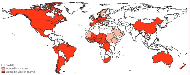 Figure 1: Map of countries for which time-series data were available for inclusion in the bacterial meningitis database