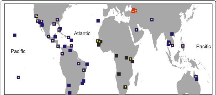 Fig. 1 Populations of Ae. aegypti used in the study. The Black Sea populations that are the focus of this study are indicated with red and the reference panel of populations used to identify their origin(s) are indicated with blue (Ae