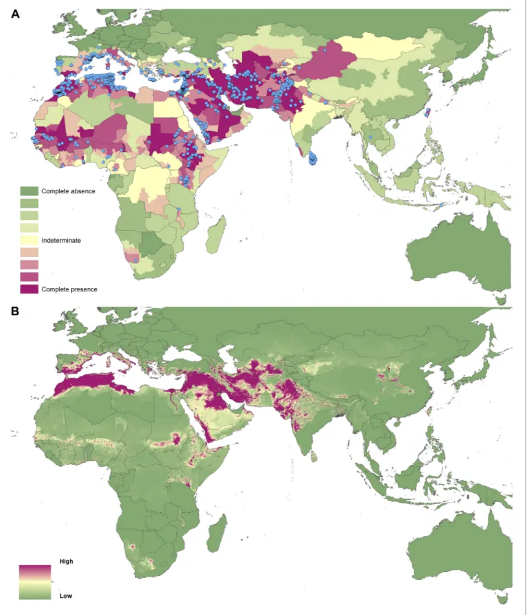 Figure 3. Reported and predicted distribution of cutaneous leishmaniasis in the Old World