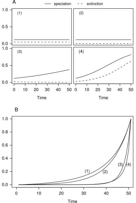 Figure 2. (A) Four different diversification scenarios with constant (1 and 2) or time-dependent (3 and 4) speciation and extinction probabilities, and (B) their respective predicted cumulative distribution of branching times calculated with eq