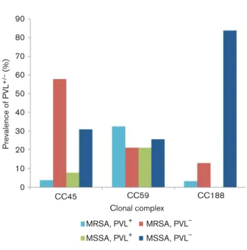 Fig. 2. Distribution of PVL among MRSA and MSSA CC45, CC59 and CC188 isolates.
