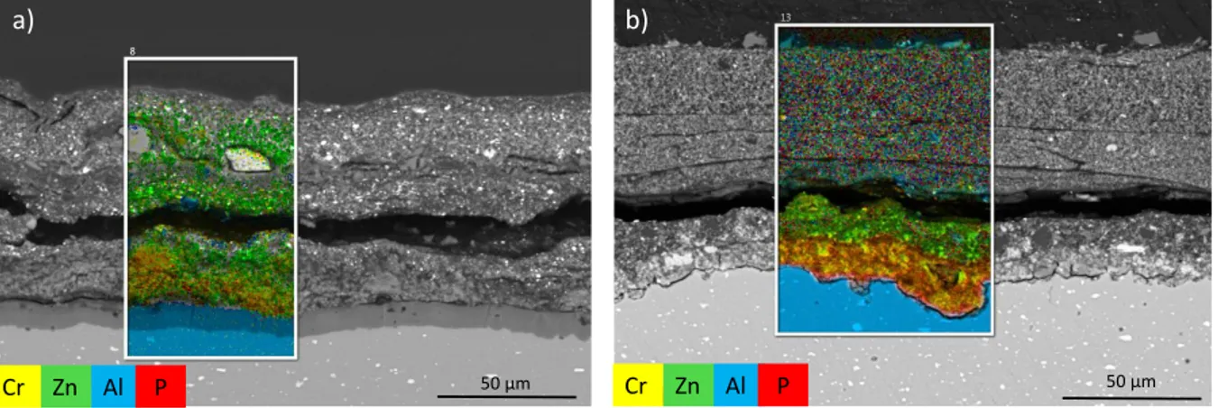 Figure 1. Coating detected in L9 (back side) and L15 (front side) with SEM: backscattering  image and EDS maps