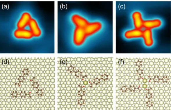 Figure  1.  Experimental  constant  current  STM  images  of  the  observed  ABP  supramolecular  structures: (a) trimer, (b) intersecting trimer, (c) intersecting tetramer