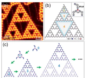 Fig. 1 Fractal phase formed at low molecular coverage. (a) STM image of a defect-free ST of 4 order; inset: coordinated trimer acting as basic recursive unit