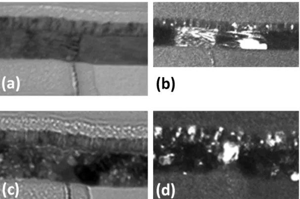 Figure 9 (a) and (b) are bright field and dark field TEM images, respectively, of a cell made using  alloy A and in the SET state, while Figures 9(c) and (d) show a cell made using alloy B