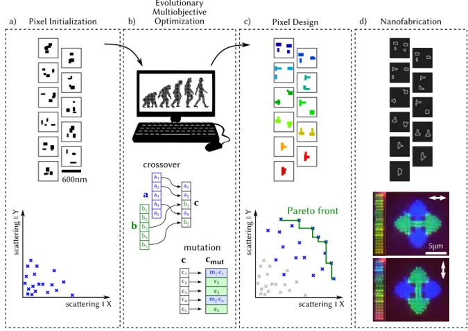 FIG. 1. Illustration of evolutionary multi-objective optimisation (EMO). a) Randomized initialisation of the pixel-population for the EMO algorithm