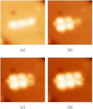 Figure 7: STM images (6.8 nm x 6.8 nm) a self-assembly of 3 PC molecules on NaCl(2ML)/Ag(111) at different bias voltages