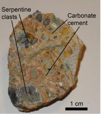 Figure 3. ODP Leg 210 Site 1277 4R-1 77–81 cm sample. Angular to rounded clasts of serpentinite are  surrounded by a carbonate cement