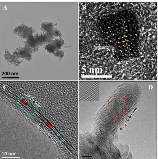 Figure 5. TEM (A) images of the intermediate Na100-10. (B)HRTEM image of an α-MnO 2