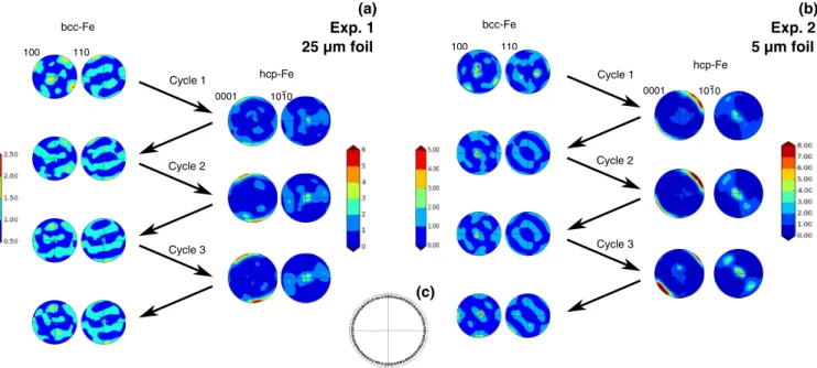 FIG. 7. Pole figures representing orientation statistics induced by the successive α ↔  phase transitions in Fe in Exp