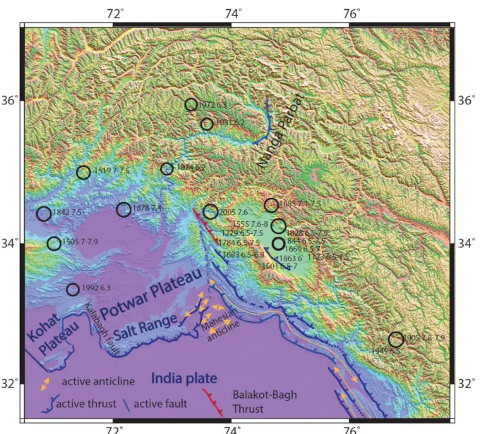 Figure 1. Historical seismicity in the northwestern Himalaya (Bilham, 2019) with the  824 